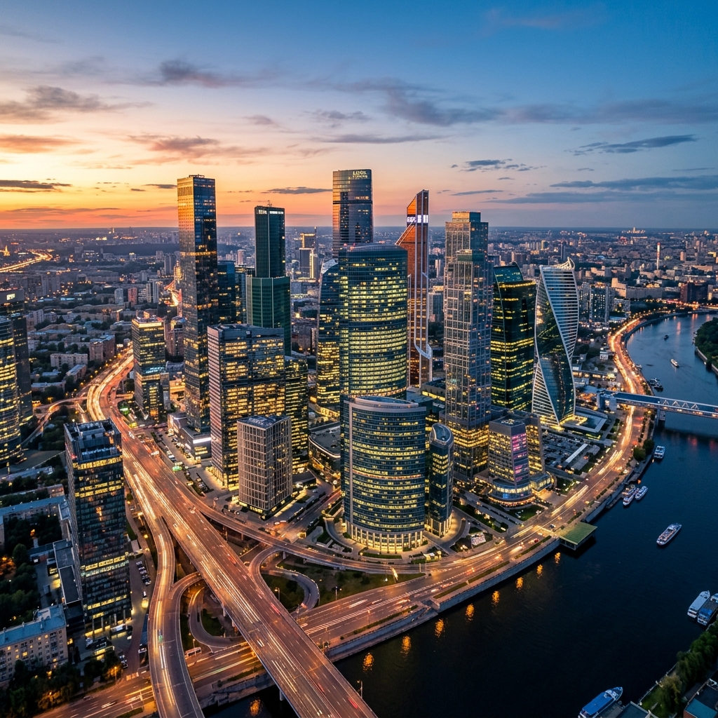 Aerial view of a modern city skyline at dusk with illuminated skyscrapers and corporate buildings financial district with glass towers reflecting sunset colors business growth and success concept cinematic wide angle shot